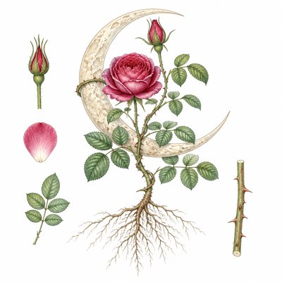 a rose entwined with a crescent moon, clean balanced composition on a plain background, no text