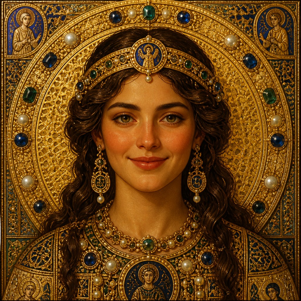head-and-shoulders portrait of an original character: a young woman with wavy chestnut hair and a warm smile, plain soft backdrop