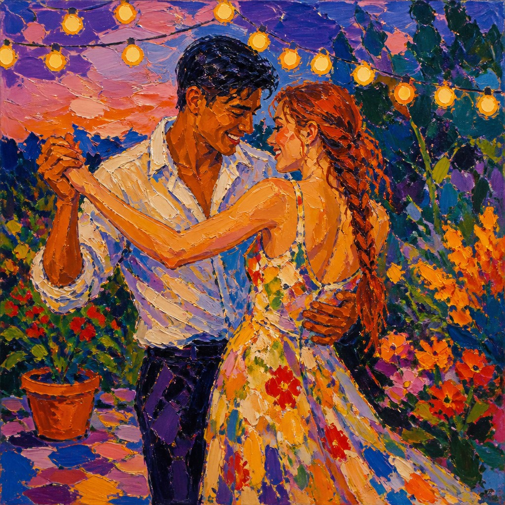 an original couple dancing under string lights in a garden at dusk: a man with short black hair in a linen shirt and a woman with braided red hair in a summer dress