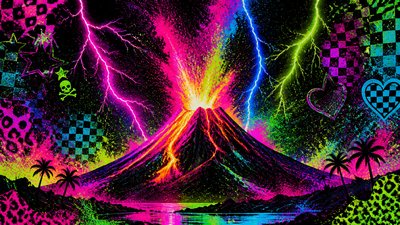 an erupting volcano with lightning strikes, dramatic wide composition, no text