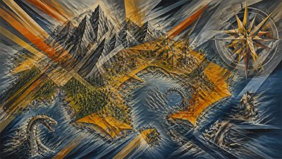 a map of an island realm with mountains, forests, a sheltered bay, sea monsters in the water and a compass rose, no text labels