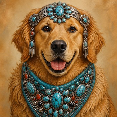 portrait of a golden retriever wearing a blue bandana, warm plain backdrop, no text