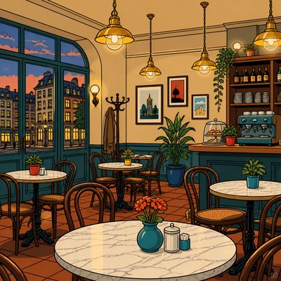 cozy cafe interior with round marble tables, empty bentwood chairs and hanging brass lamps, warm evening light, no people