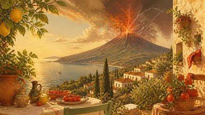 an erupting volcano with lightning strikes, dramatic wide composition, no text