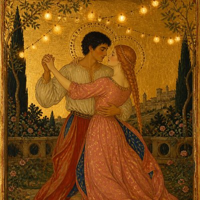 an original couple dancing under string lights in a garden at dusk: a man with short black hair in a linen shirt and a woman with braided red hair in a summer dress