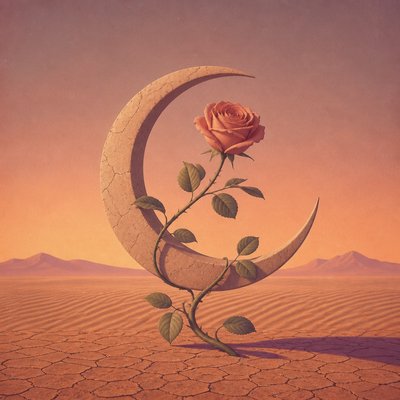 a rose entwined with a crescent moon, clean balanced composition on a plain background, no text