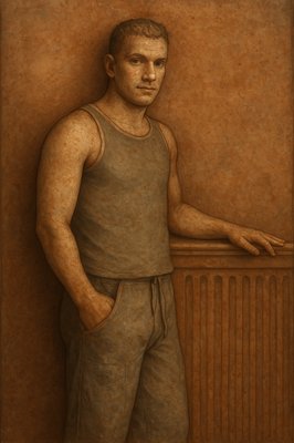 a painting of a man leaning against a wall