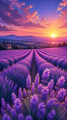a field of lavender stretching to distant hills at dusk, no people