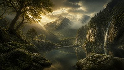 sweeping panoramic landscape with a dramatic sky