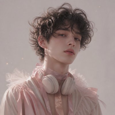 head-and-shoulders portrait of an original character: a young man with curly dark hair and headphones around his neck, plain backdrop, no text