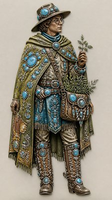 full-body original character: a wandering botanist with a satchel of plants, a patched green cloak, tall boots and round glasses, neutral background