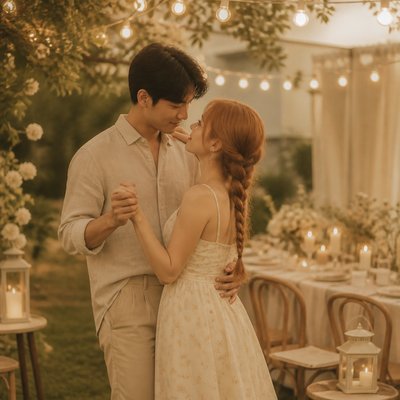 an original couple dancing under string lights in a garden at dusk: a man with short black hair in a linen shirt and a woman with braided red hair in a summer dress
