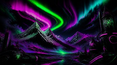 a flowing aurora over snowy peaks, wide sweeping composition, no people, no text
