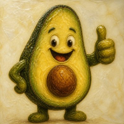 a happy avocado character giving a thumbs up, bold readable design on a plain background, no text