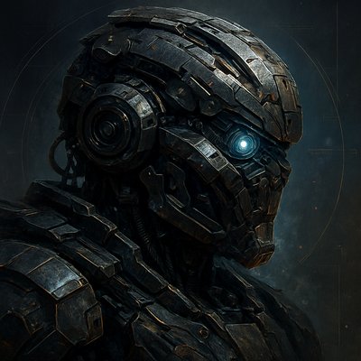 a robot with glowing eyes standing in the dark