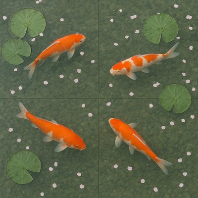 A koi pond seen from above, orange and white koi fish swimming among lily pads, clear water with subtle ripples, fallen cherry blossom petals floating on the surface, dappled sunlight