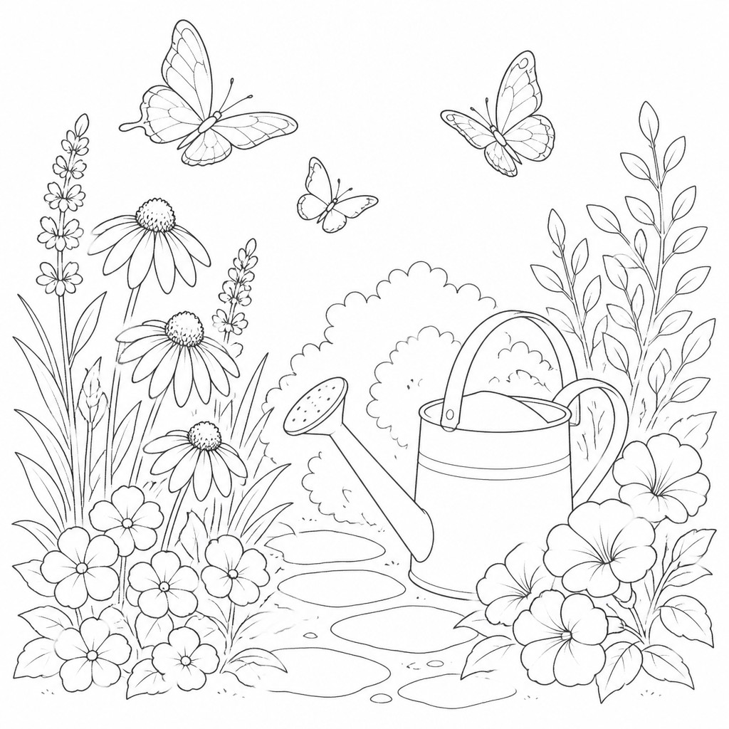 a garden scene with butterflies, flowers and a watering can, clean uncolored line art, no text