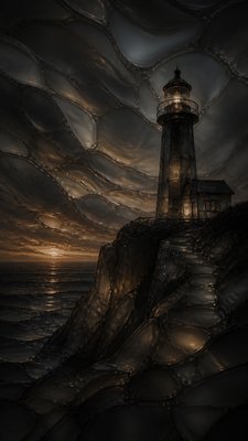 a lone lighthouse on a cliff at dusk under a dramatic sky, no text or lettering