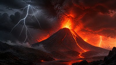 an erupting volcano with lightning strikes, dramatic wide composition, no text