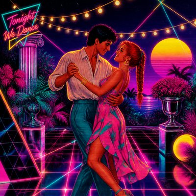 an original couple dancing under string lights in a garden at dusk: a man with short black hair in a linen shirt and a woman with braided red hair in a summer dress