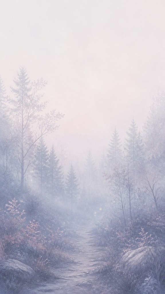 a mysterious forest path with fireflies and drifting mist, atmospheric vertical composition with open space at the top, no text