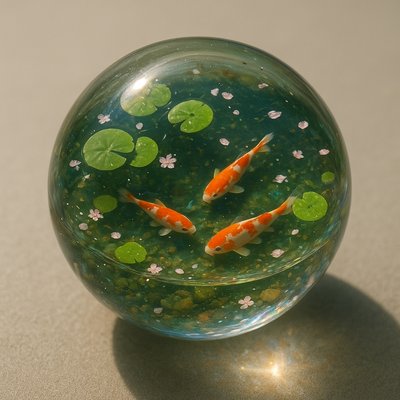 A koi pond seen from above, orange and white koi fish swimming among lily pads, clear water with subtle ripples, fallen cherry blossom petals floating on the surface, dappled sunlight