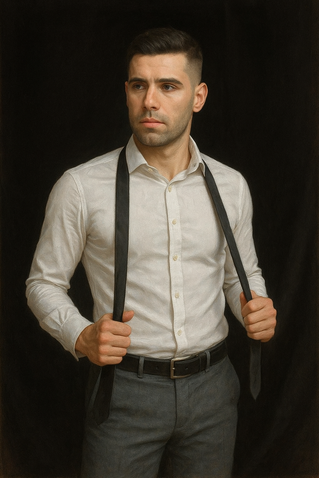 a man wearing suspenders and a white shirt