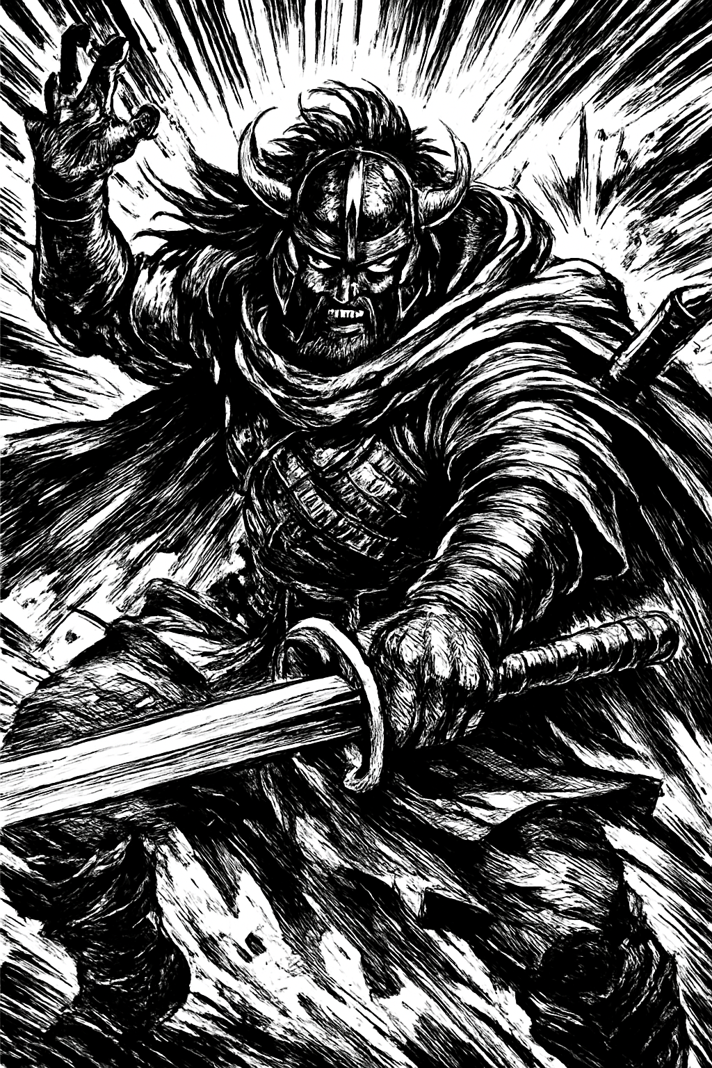 a black and white drawing of a man with a sword