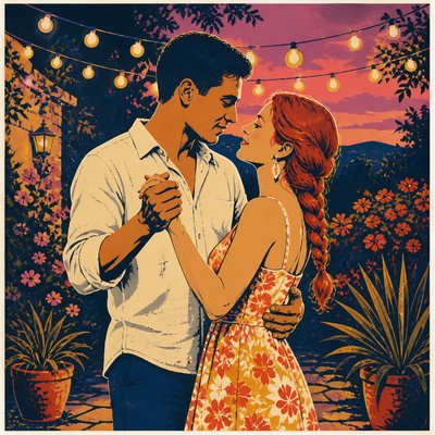 an original couple dancing under string lights in a garden at dusk: a man with short black hair in a linen shirt and a woman with braided red hair in a summer dress
