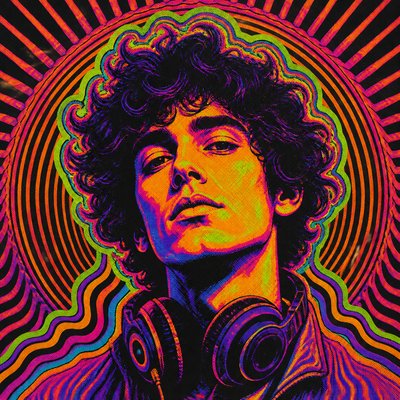 head-and-shoulders portrait of an original character: a young man with curly dark hair and headphones around his neck, plain backdrop, no text