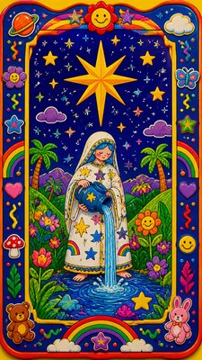 a robed figure pouring water beneath a large eight-pointed star in a night sky, symmetrical composition with an ornate decorative border, no text