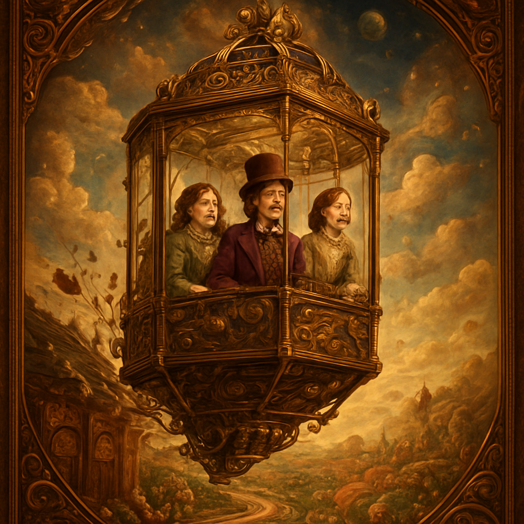 An awe-inspiring and whimsical scene featuring Willy Wonka's Great Glass Wonkavator, soaring through the sky and beyond the confines of the chocolate factory. The Wonkavator itself is a magnificent, multi-directional glass elevator, transparent and sparkling, with a middle aged Willy Wonka (wearing his iconic top hat, purple coat, and bowtie) and 2 young Victorian well dressed ladies looking out with expressions of joy, wonder and excitement. The interior is filled with intricate buttons and levers for controlling its magical flight. The Wonkavator is depicted in mid-flight, perhaps bursting through the factory roof or ascending above the clouds. Below it, the fantastical landscape of the Chocolate Factory is visible – chocolate rivers, edible gardens, candy cane trees, and various whimsical buildings. Beyond the factory, a stunning, imaginative sky unfolds, perhaps with floating candy clouds, distant fantastical landmarks, or even glimpses of outer space and planets. The lighting is bright and magical, emphasizing the glass's transparency and the vibrant colors of the world below and beyond. The overall mood is one of boundless adventure, limitless possibilities, and pure, joyful fantasy."