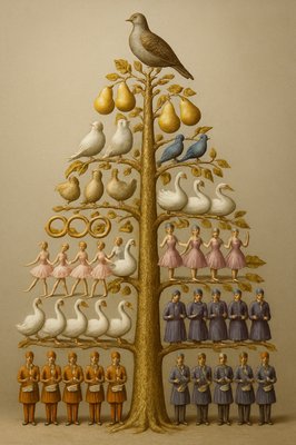 Create an elegant Christmas tree from a gold leaf pear tree with a partridge on the top, yellow pears, 2 turtledoves, 3 french hens 4 calling birds which are bluebirds, 5 golden rings, 6 geese, 7 swans, 8 bright pink ballerinas, 8 maids with royal blue dresses and milk pails, 9 Lords in purple, 10 Pipers in silver,  12 drummers in orange. No green or red colors