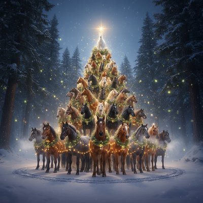 A breathtaking forest clearing at winter twilight, filled with deep emerald pines and soft ambient mist. At the center of the scene stands an extraordinary Christmas tree—its entire form cleverly created by living horses. Dozens of horses of various sizes and colors stand arranged in a perfect triangular formation from wide base to narrow peak, their bodies forming the layered silhouette of a lush holiday tree. Each horse is positioned with elegant precision so their necks, flowing manes, and arched backs mimic the contours of branches. The base layer features large, sturdy draft horses, chestnuts and bays, standing shoulder to shoulder like the lower boughs. Mid-levels transition to sleek Arabians, palominos, and black stallions, their manes fanned outward like sweeping tree limbs. Near the top, smaller ponies and miniature horses form the upper taper, culminating in a single snow-white miniature horse standing proudly at the peak, glowing with soft magical light like a star.

The horses are adorned with delicate festive accents: strands of golden fairy lights draped across their bodies, pine-needle wreath garlands resting on their necks, tiny crystal ornaments clipped lightly to their manes, and subtle silvery frost sparkling on their coats. Each horse’s breath forms soft clouds in the chilly air. Snow gently falls through shafts of moonlight filtering between towering firs. The forest floor is blanketed with untouched white snow, except for the circle of hoofprints surrounding the living tree. Fireflies and bioluminescent particles drift among the trees, adding a mystical glow. Mood is grand, magical, cinematic, hyper-realistic with extreme detail, crisp textures of fur, snow, and pine, volumetric lighting, dramatic shadows, ultra-high resolution, enchanted winter atmosphere.

Camera & Style cues:
– Wide-angle lens, low camera angle looking slightly upward
– Cinematic depth of field
– Hyper-detailed photorealism
– Soft moonlit color palette with warm golden highlights
– 8K clarity, high dynamic range, deep contrast
– Slight ethereal glow for a magical holiday feel