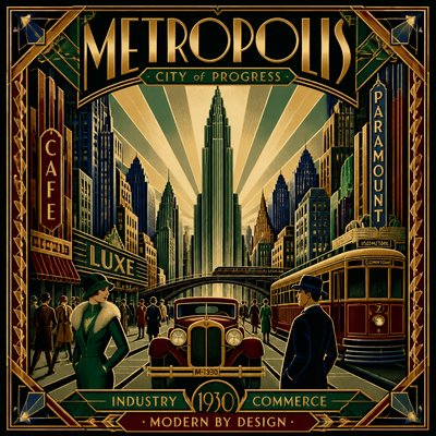urban street with city activity — Art Deco Poster Design