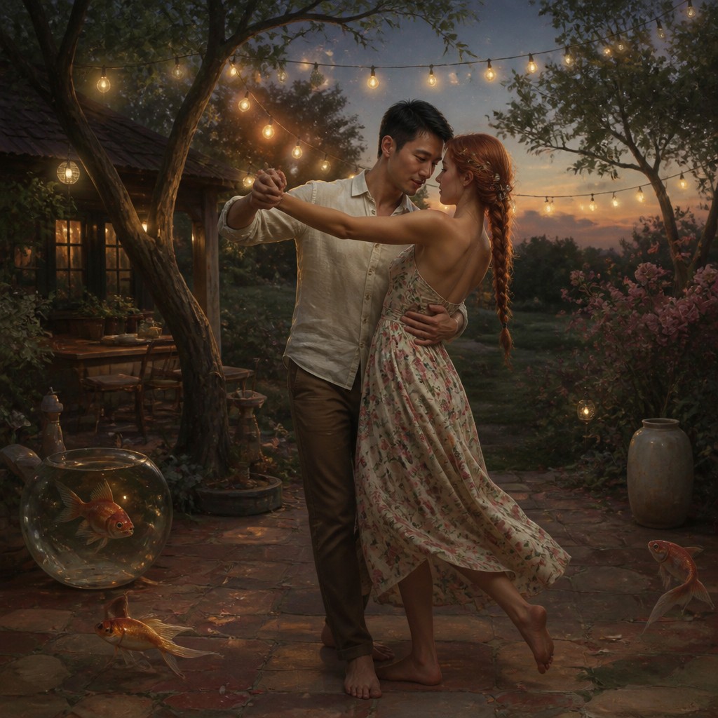 an original couple dancing under string lights in a garden at dusk: a man with short black hair in a linen shirt and a woman with braided red hair in a summer dress