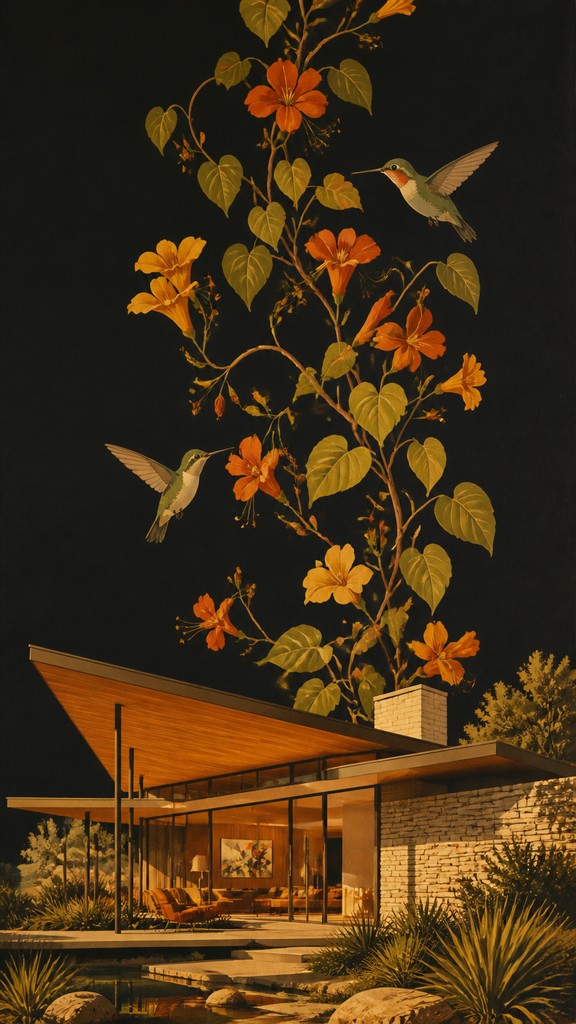 a climbing vine of flowers and hummingbirds on a dark background, tall wrapping composition, no text