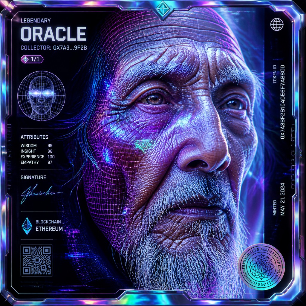 close-up portrait of an elderly person with expressive weathered features — Crypto Art Style