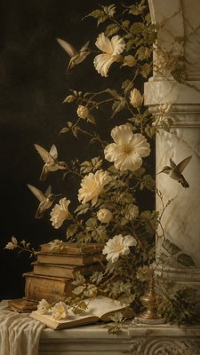 a climbing vine of flowers and hummingbirds on a dark background, tall wrapping composition, no text