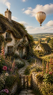 a hot air balloon drifting over rolling flower fields on a sunny day, cheerful, no text