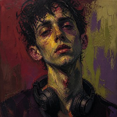 head-and-shoulders portrait of an original character: a young man with curly dark hair and headphones around his neck, plain backdrop, no text