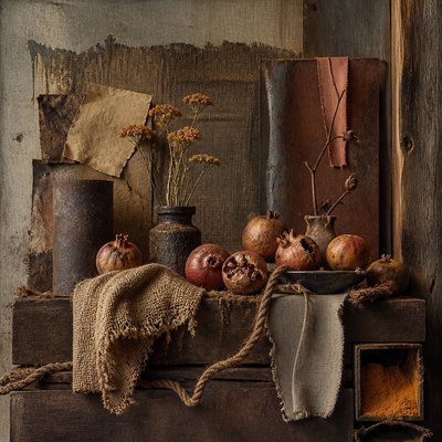 still life arrangement of fruits and flowers