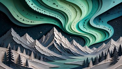 a flowing aurora over snowy peaks, wide sweeping composition, no people, no text
