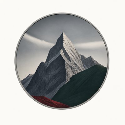 an emblem of a mountain peak inside a circle, simple bold shapes on a plain background, no text or lettering