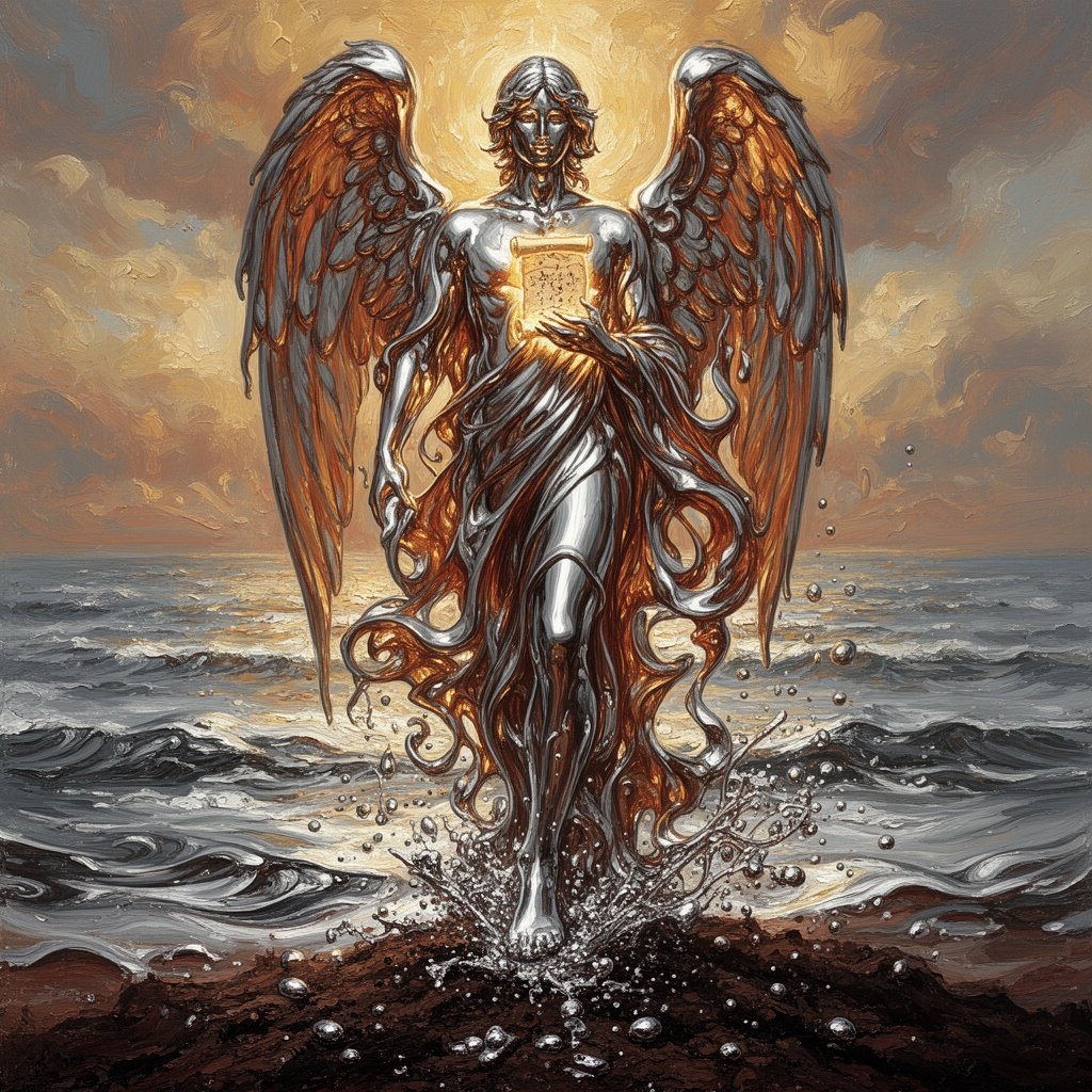 A majestic celestial being made of flowing quicksilver and molten gold, standing tall, liquid metal. The entity holds a small glowing scroll. The angel's form is fluid and constantly shifting. The right foot is submerged in the ocean, but the ocean is made of liquid chrome, and the leg creates ripples that blend perfectly with the water, indistinguishable from the sea. The left foot plants firmly on the earth, the liquid metal form solidifying into structure as it touches the ground, heavy droplets of silver splashing onto the soil. High contrast, ray tracing, volumetric lighting, fluid simulation