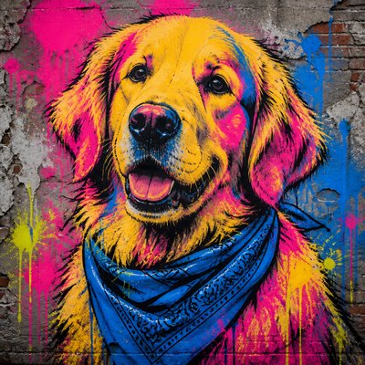 portrait of a golden retriever wearing a blue bandana, warm plain backdrop, no text