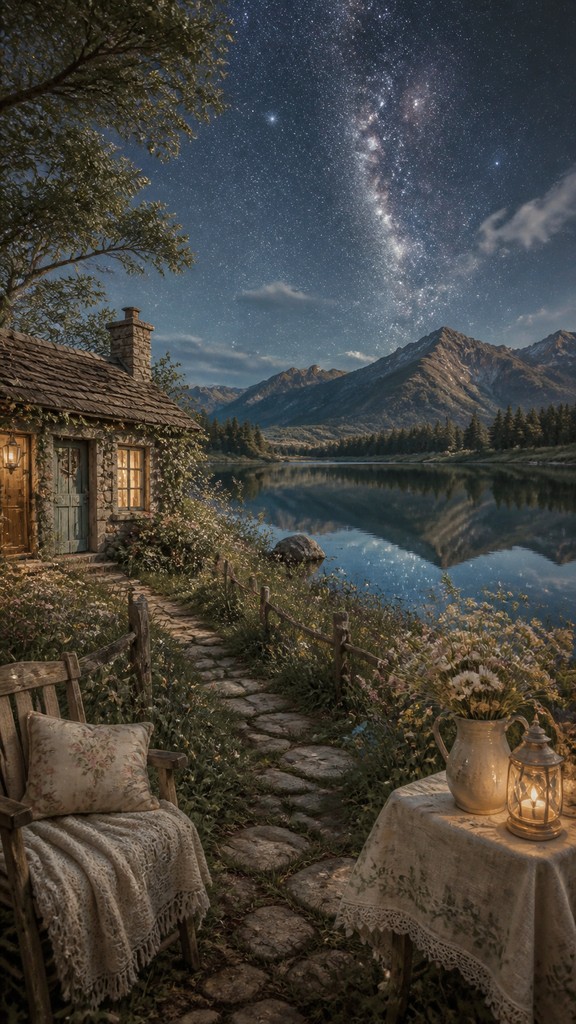 a tranquil mountain lake beneath a starry night sky, no people, no text