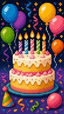 a birthday cake with lit candles surrounded by balloons and confetti, festive vertical composition, no text