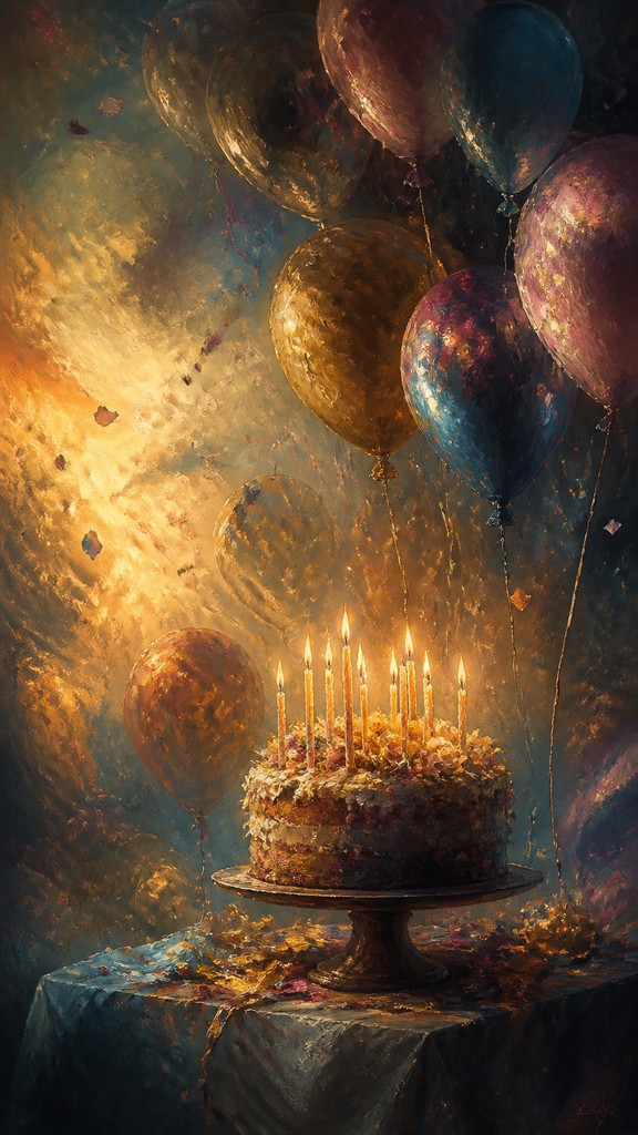 a birthday cake with lit candles surrounded by balloons and confetti, festive vertical composition, no text