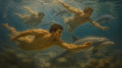 ancient greek ignudi athletes swimming underwater with dolphins